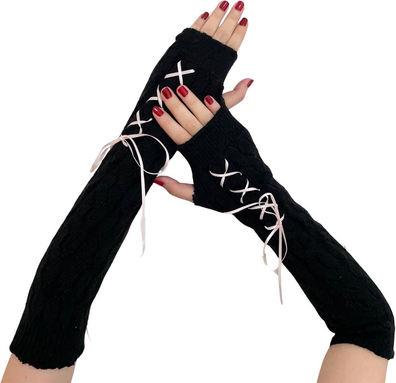 DUNKOING Cute Y2K Arm Warmers Kawaii Knitted Wrist Warmers Long Japanese Harajuku Goth Fingerless Sleeve for Women Girls - Image 1